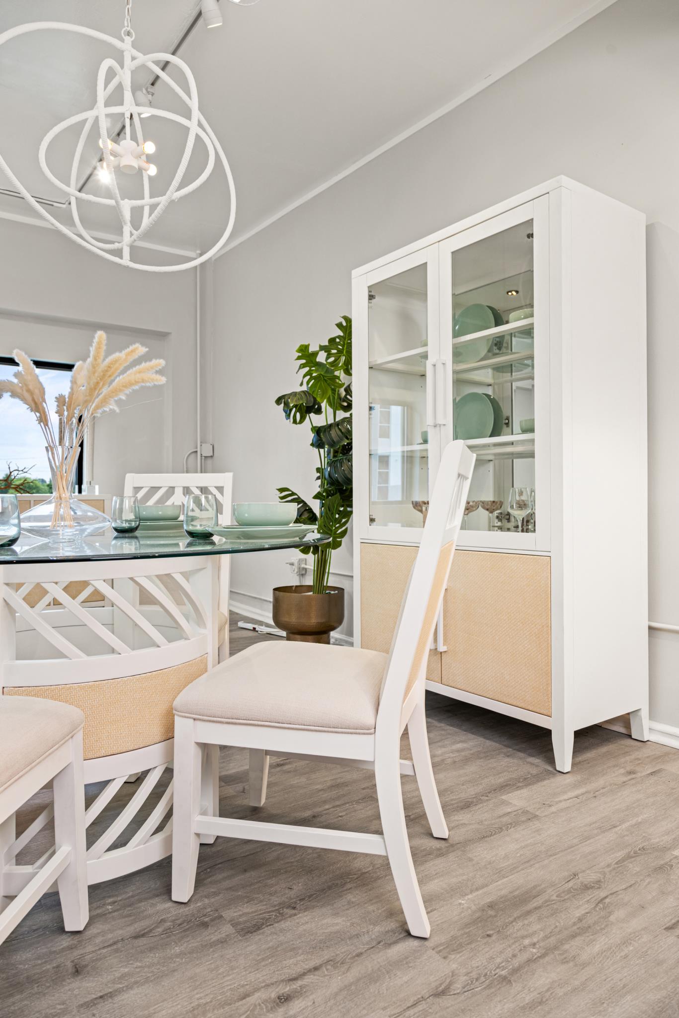 Miramar Curio w/ Touch Lighting. Sand and Stark White Finish