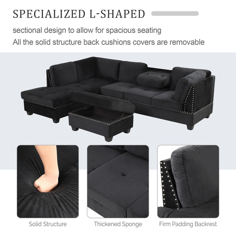 Reversible Sectional Sofa Space Saving With Storage Ottoman Rivet Ornament L-Shape Couch For Small Or Large Space Dorm Apartment