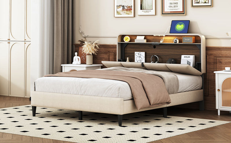 Full size Upholstered Platform Bed with Storage Headboard, Sensor Light and a set of Sockets and USB Ports, Linen Fabric, Beige