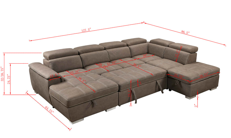 128"Sofa U Shaped Sectional Couch with Ottomans Reversible Modular Sofa 7 Seater Couch with Storage Seat,Living Room Furniture Sofa Sets with Adjustable Headrest, Brown