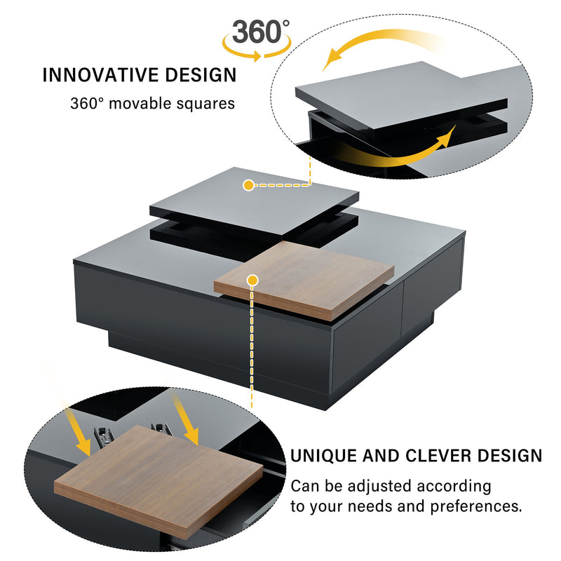 Movable Square Top Coffee Table With 4 Hidden Storage Drawers