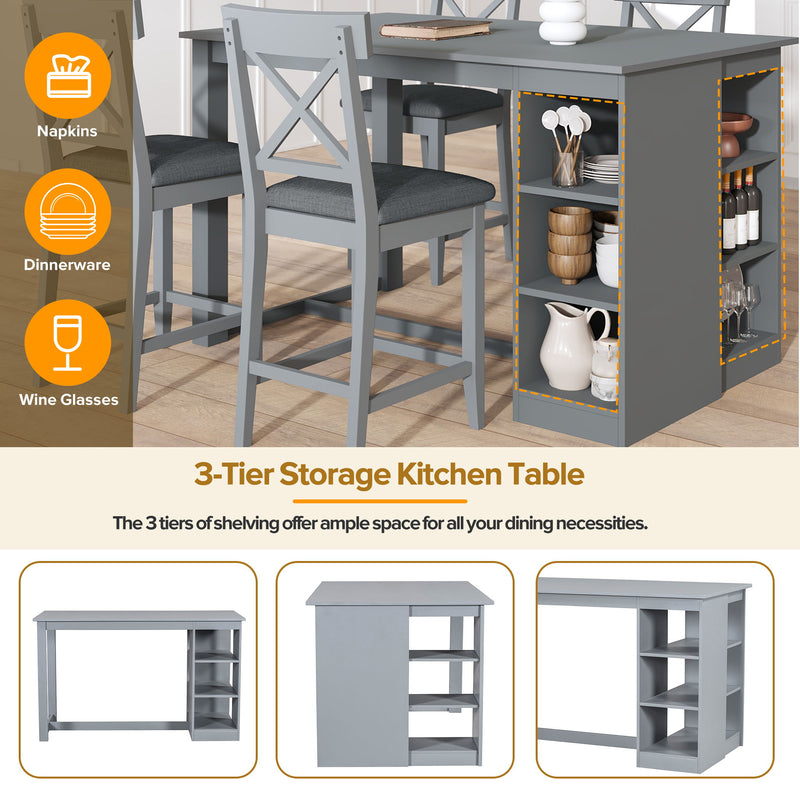 Solid Wood Farmhouse Counter Height Dining Table Set With 3 Tier Storage Shelves