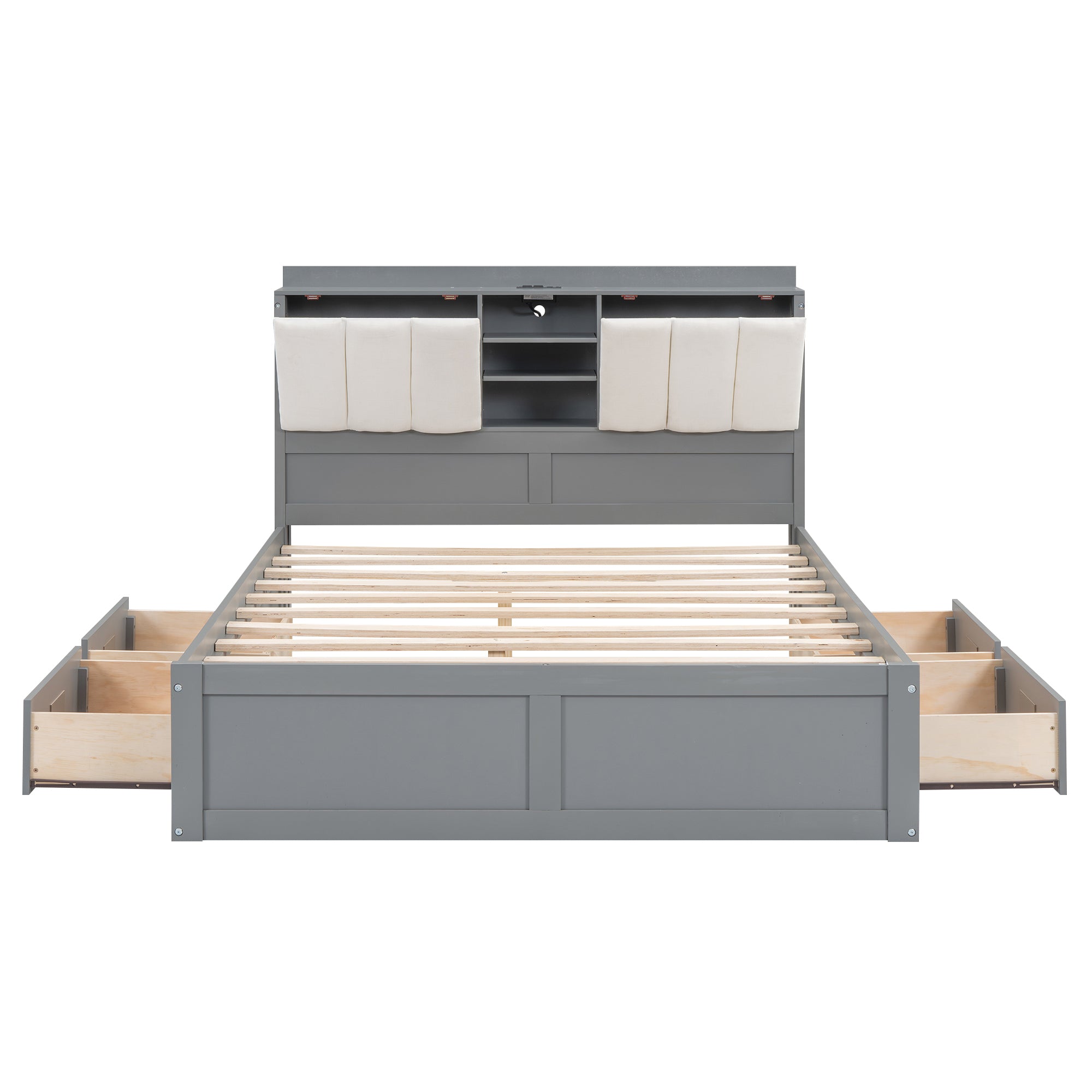 Wood Full Size Platform Bed with Storage Headboard and 4 Drawers, Gray