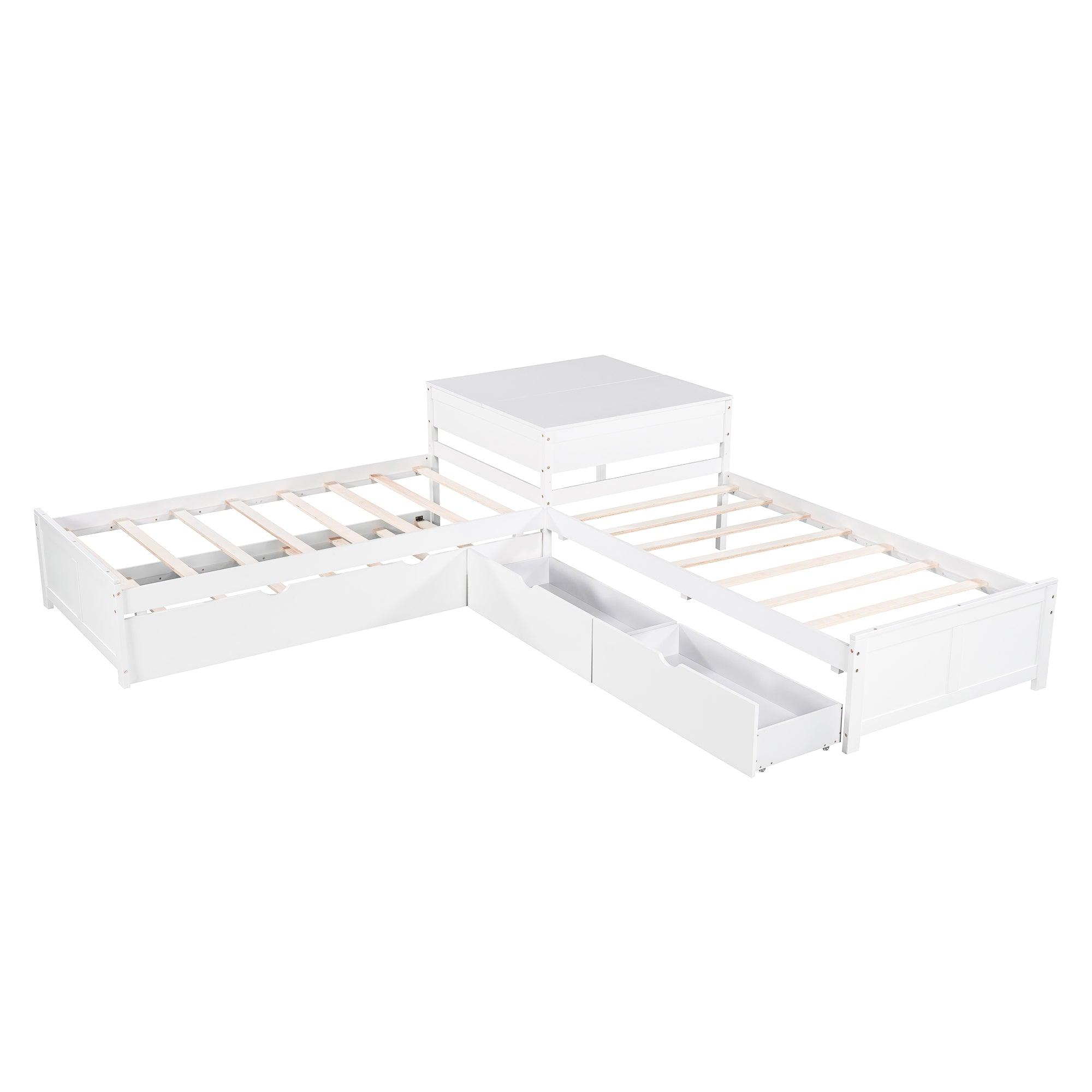 L-shaped Platform Bed with Trundle and Drawers Linked with built-in Desk,Twin,White - Atlantic Fine Furniture Melbourne FL