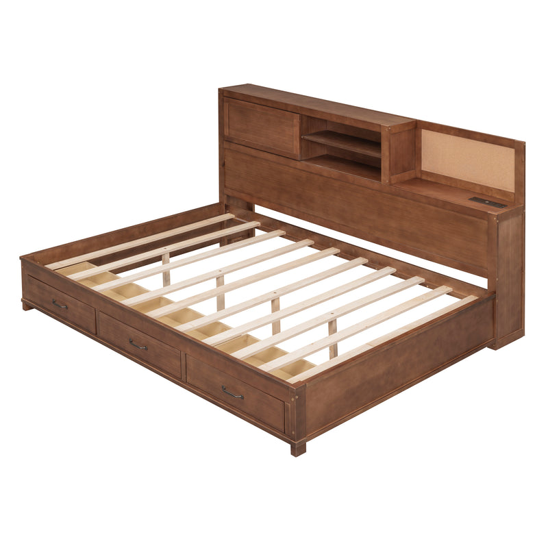 Full Size Wooden Daybed with 3 Storage Drawers, Upper Soft Board, shelf, and a set of Sockets and USB Ports, Brown
