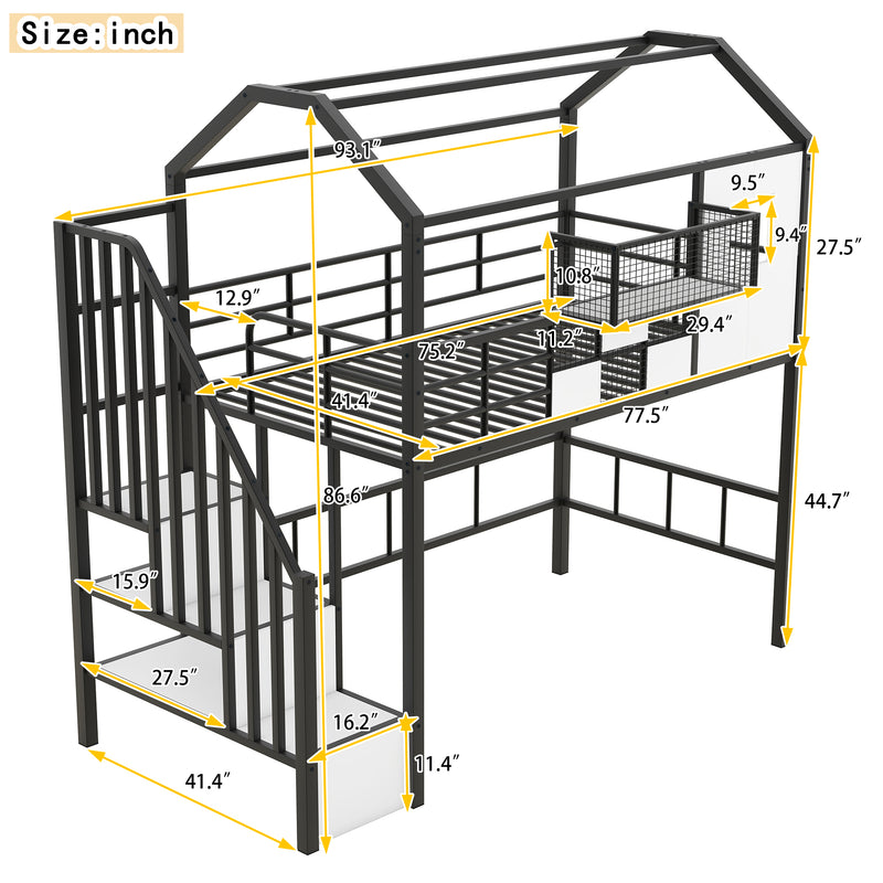 Metal Loft Bed with roof design and a storage box, Twin, Black
