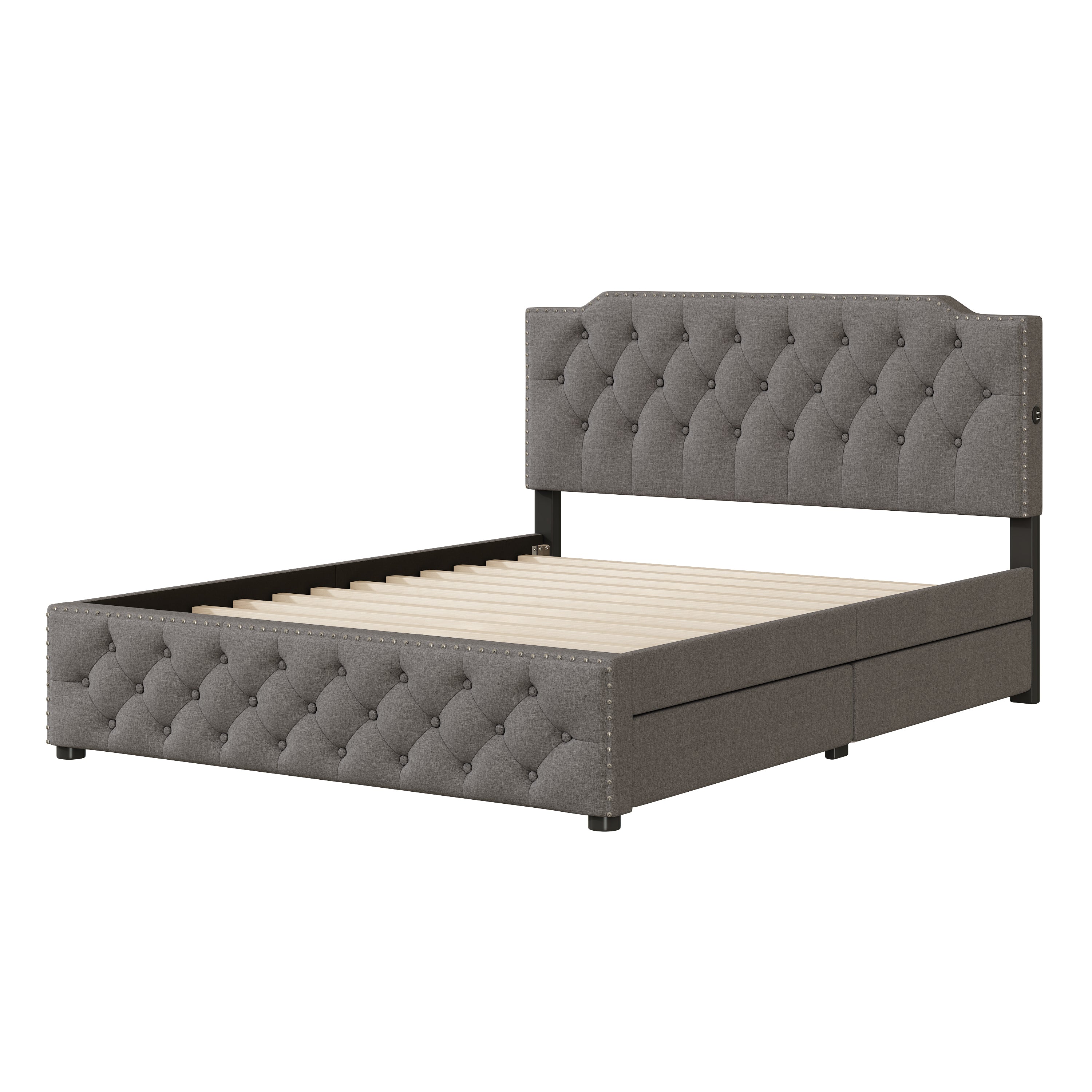 Queen Size Upholstered Platform Bed with 2 Drawers and 2 sets of USB Ports on each side, Linen Fabric, Gray - Atlantic Fine Furniture Melbourne FL