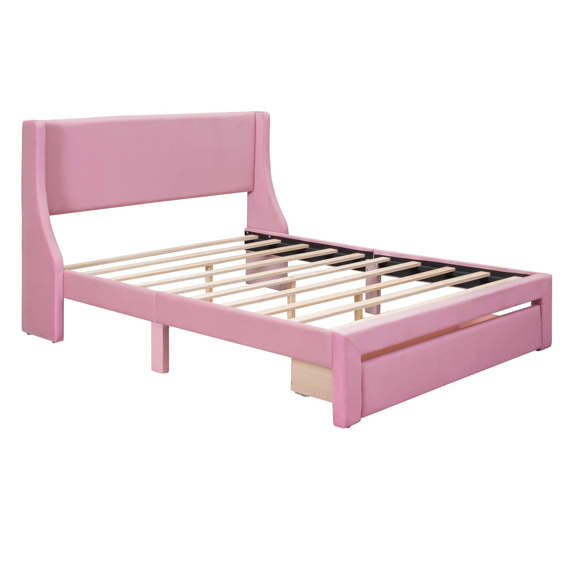 Queen Size Storage Bed Velvet Upholstered Platform Bed with a Big Drawer - Pink - Atlantic Fine Furniture Melbourne FL