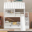 House Bunk Bed With Trundle, Storage Staircase, Roof And Window Design
