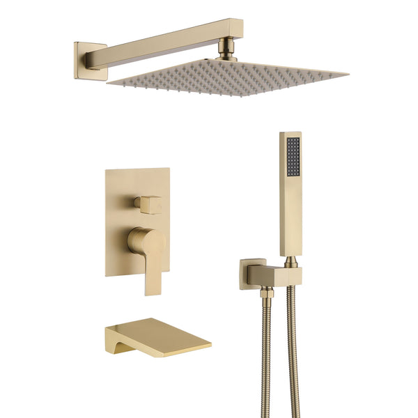 Luxury Bathroom Shower System With 12" Rain Shower Head Handheld Mixer - Brushed Gold