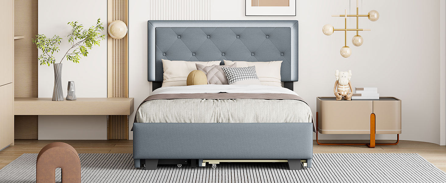 Full Size Velvet Storage Platform Bed, with 2 Big Drawers, T Size Trundle and LED Light, Gray - Atlantic Fine Furniture Melbourne FL