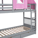 Twin Over Twin Bunk Bed Wood Bed with Tent and Drawers, Gray+Pink Tent