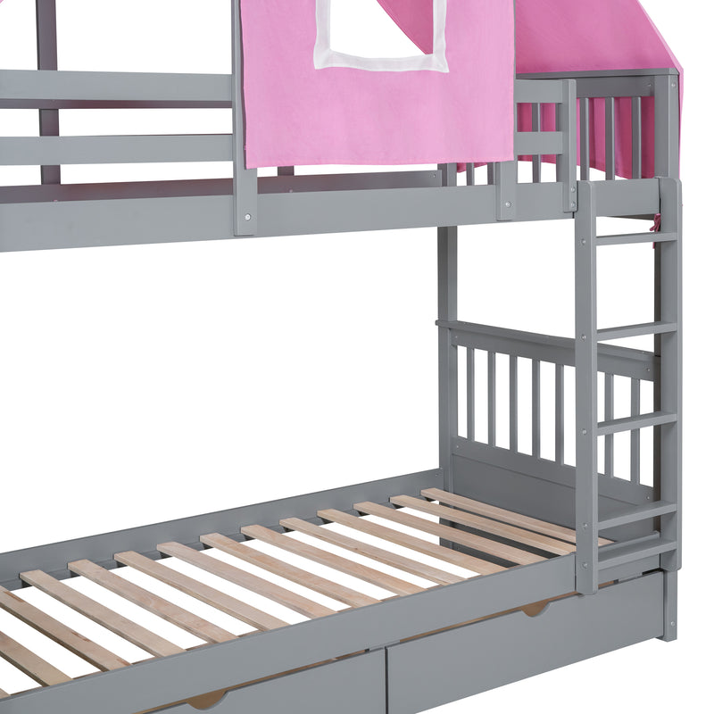 Twin Over Twin Bunk Bed Wood Bed with Tent and Drawers, Gray+Pink Tent