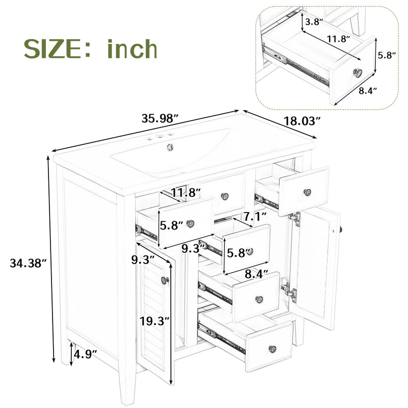 Bathroom Vanity With Ceramic Basin, Two Cabinets And Five Drawers, Solid Wood Frame, Gray