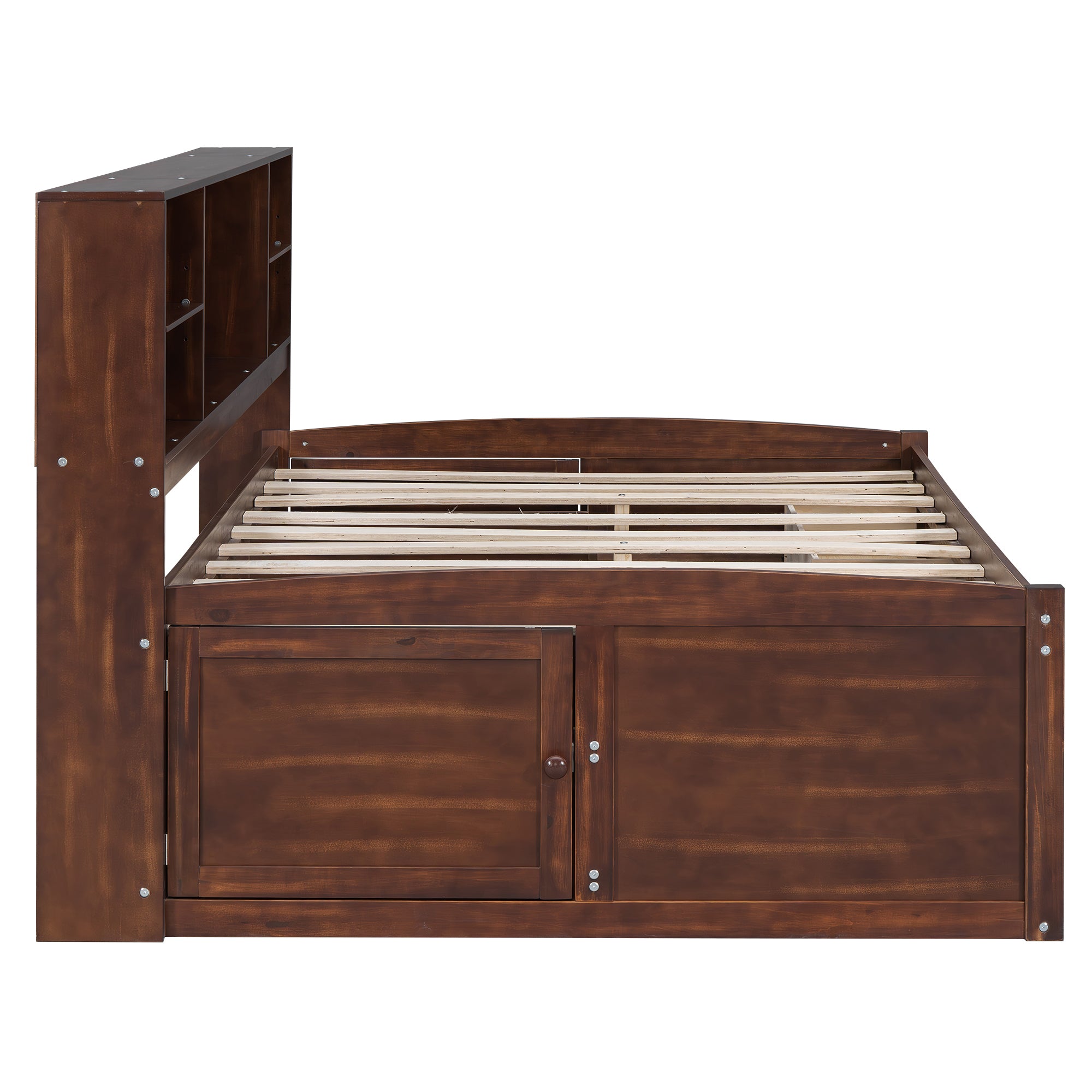 Full Size Wooden Captain Bed with Built-in Storage Shelves, 4 Drawers and 2 Cabinets, Antique Brown