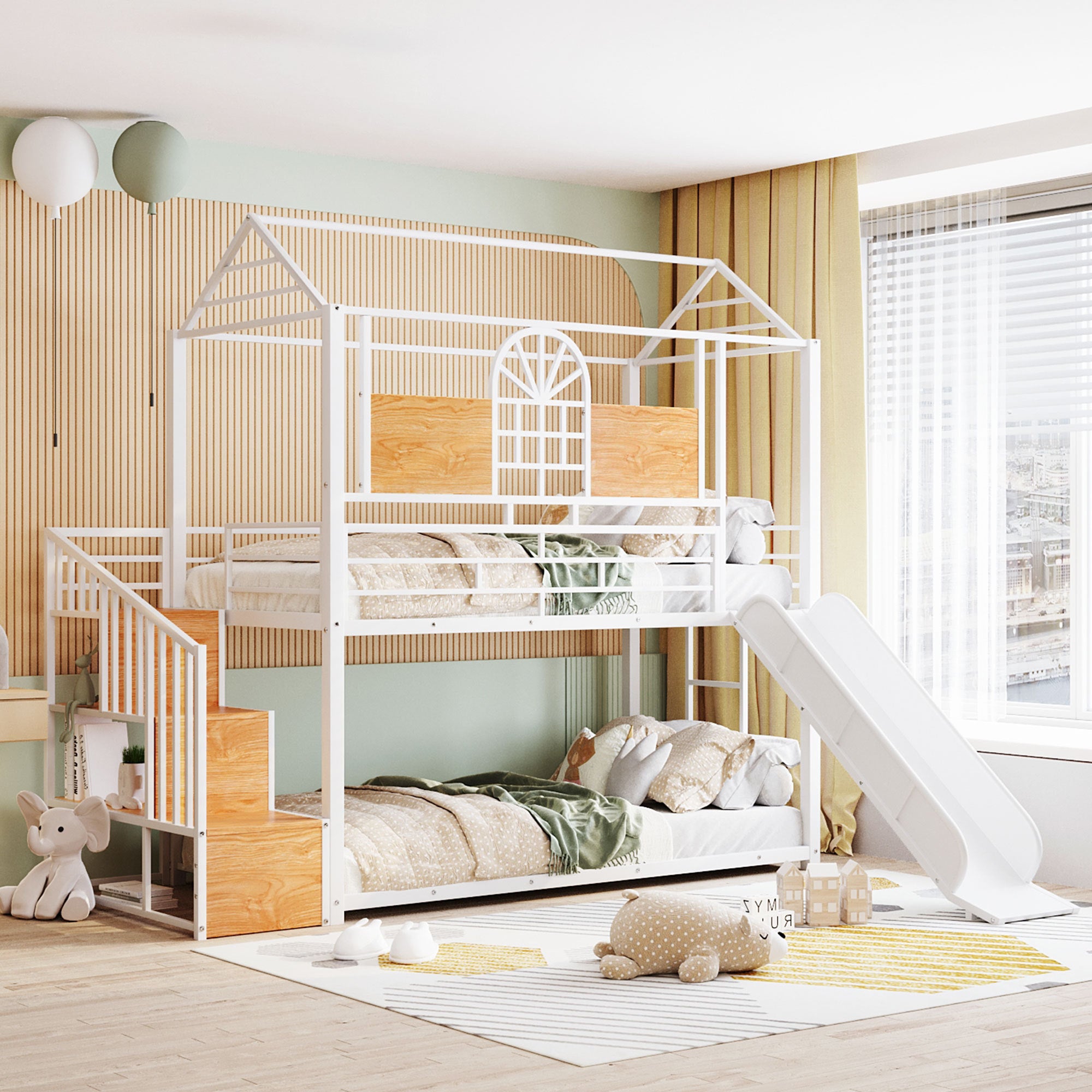 Twin Over Twin Metal Bunk Bed, Metal Housebed with Slide and Storage Stair, White with White Slide - Atlantic Fine Furniture Melbourne FL