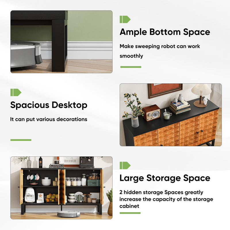Modern Buffet Cabinet With Storage Space, Retro Style 4 Door Wooden Storage Cabinet, Multifunctional Decorative Cabinet With Geometric Patterns, Suitable For Living Room, Dining Room, Entrance - Orange / Yellow