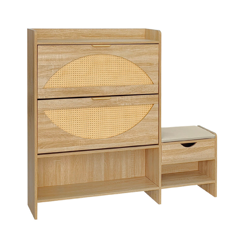 Shoe Storage Cabinet Rattan Shoe Storage Organizer With 2 Flip Drawers, A Storage Drawer And A Bench For Entryway, And Hallway - Light Brown