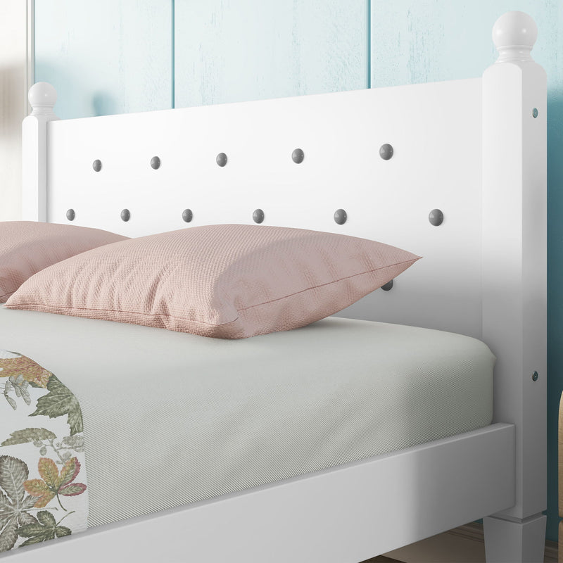 Twin Bed With Button-Decoration Headboard, With Bed Slats - White