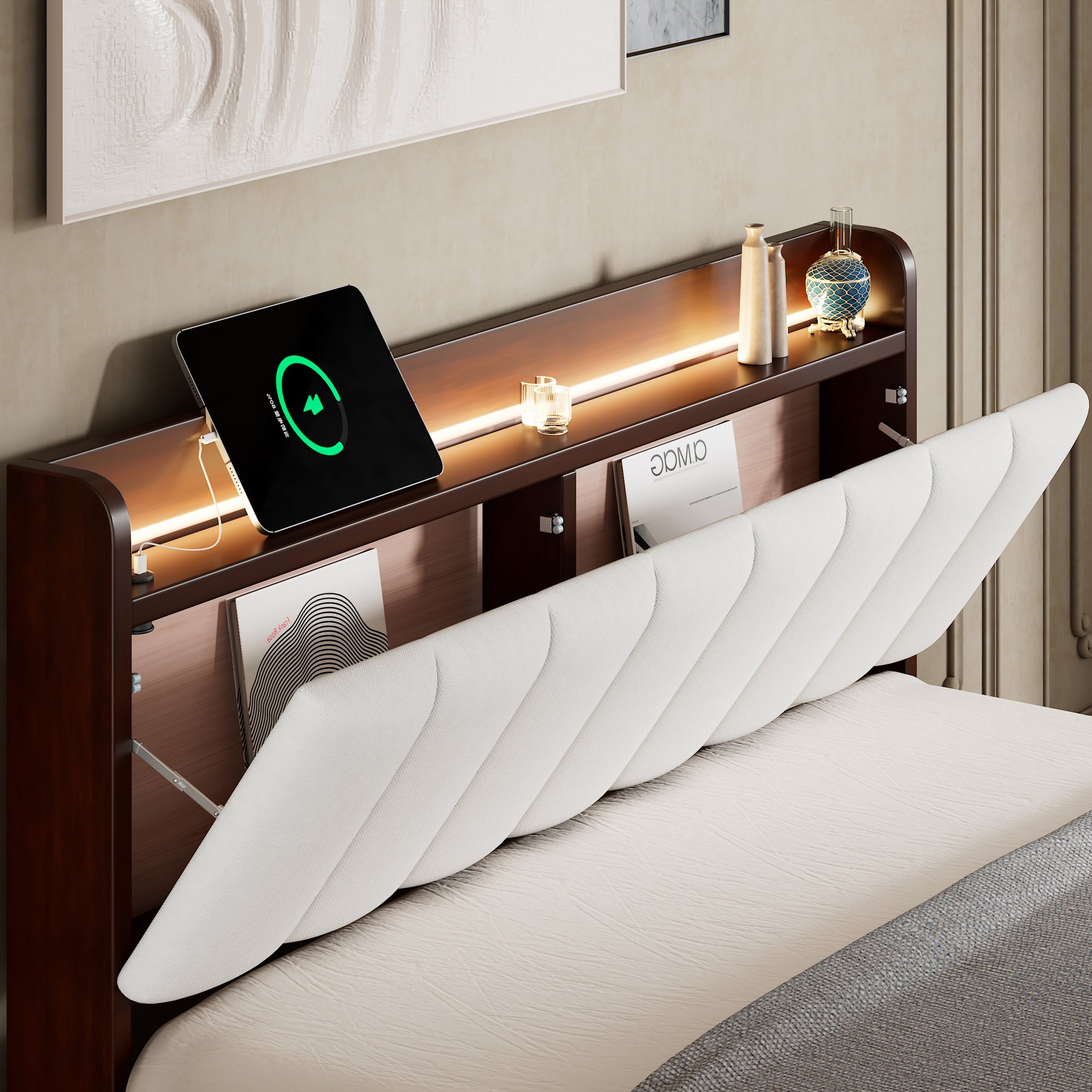 Full size Platform Bed with USB Charging Station and Storage Upholstered Headboard,LED Bed Frame,No Box Spring Needed,Walnut+Beige - Atlantic Fine Furniture Melbourne FL