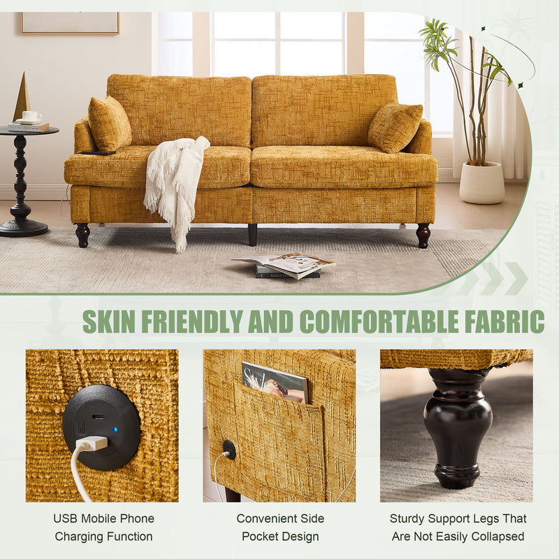 Chenille 2 Seater Sofa With LED Light, USB Charging Port, And Storage Bag
