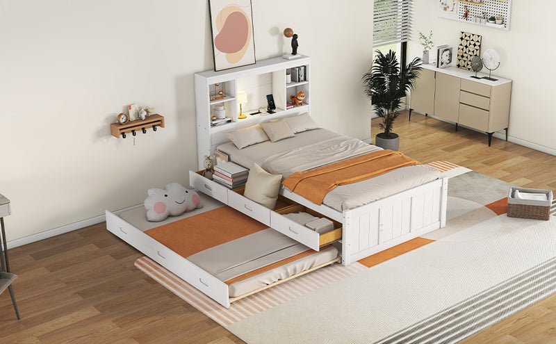 Twin Size Platform Bed with Storage Headboard, Charging Station, Twin Size Trundle and 3 Drawers, Antique White