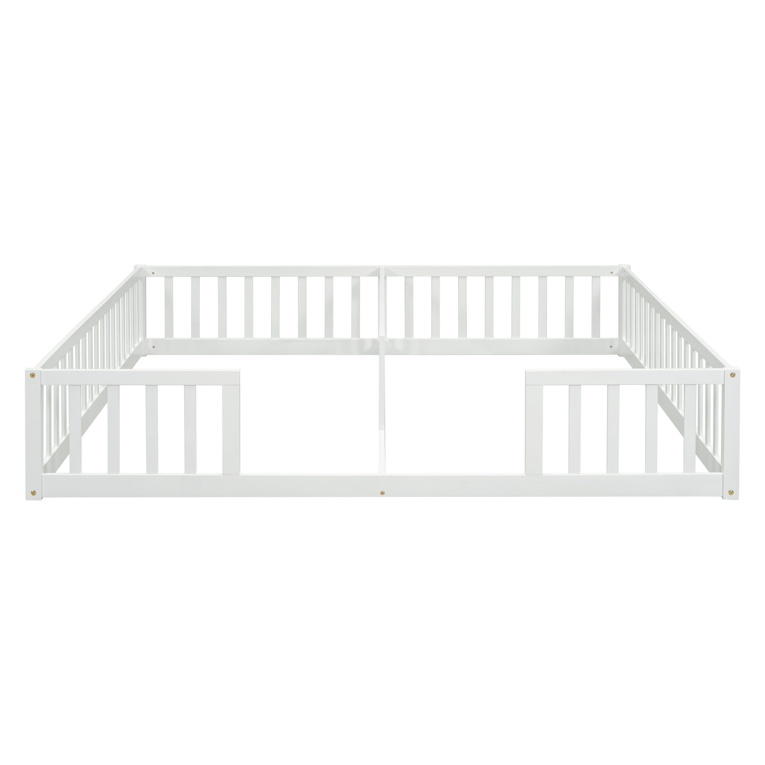 Double Twin Floor Bed with Fence, Guardrails, without door, White