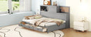 Full Size Wooden Daybed with 3 Storage Drawers, Upper Soft Board, shelf, and a set of Sockets and USB Ports, Gray