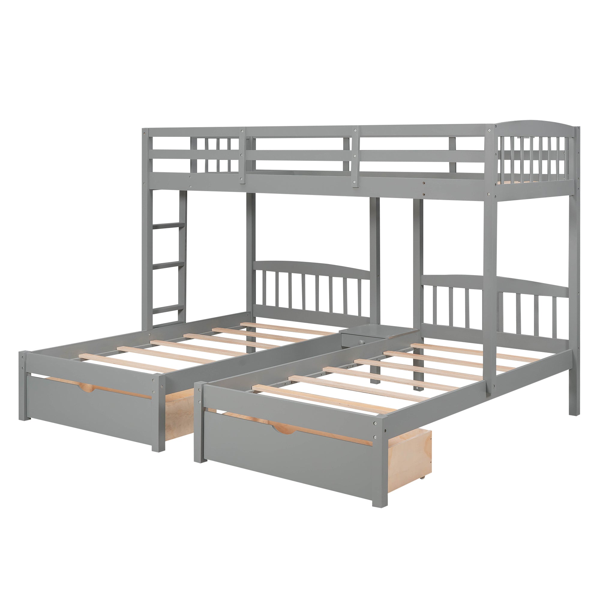 Twin over Twin & Twin Bunk Bed with Two Drawers and Built-in Middle Drawer, Gray - Atlantic Fine Furniture Melbourne FL