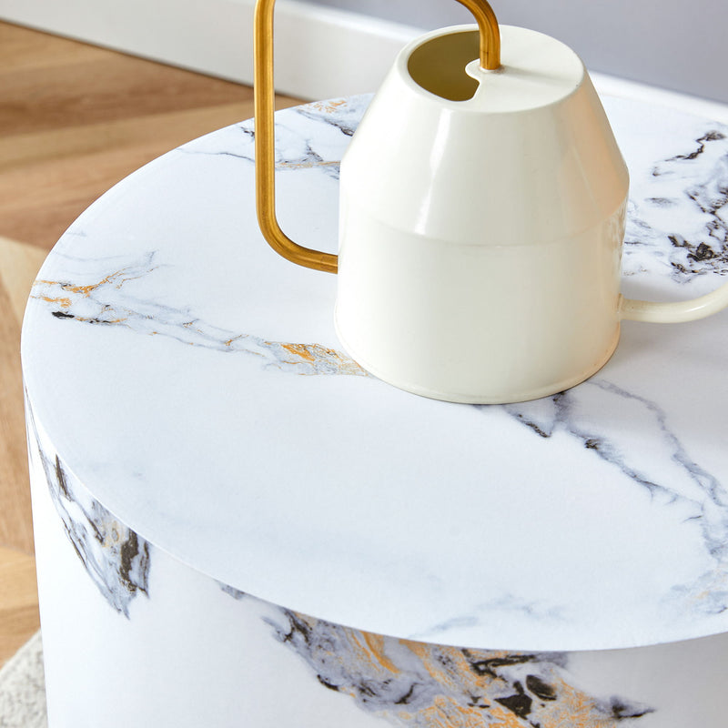 Elegant Cylindrical Table With Patterned Design For Versatile Use - White
