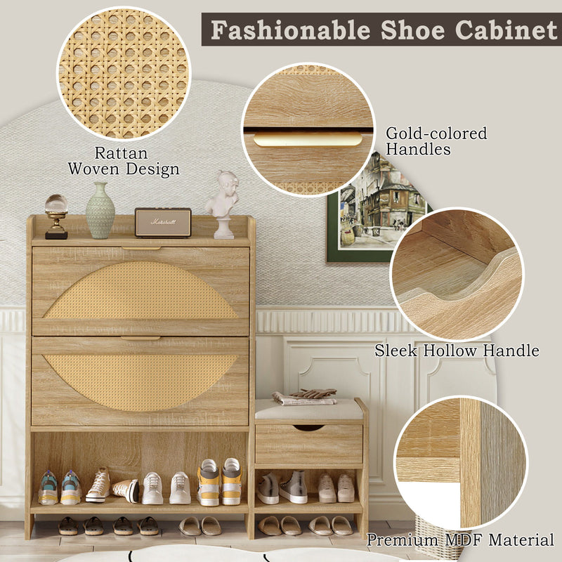 Shoe Storage Cabinet Rattan Shoe Storage Organizer With 2 Flip Drawers, A Storage Drawer And A Bench For Entryway, And Hallway - Light Brown