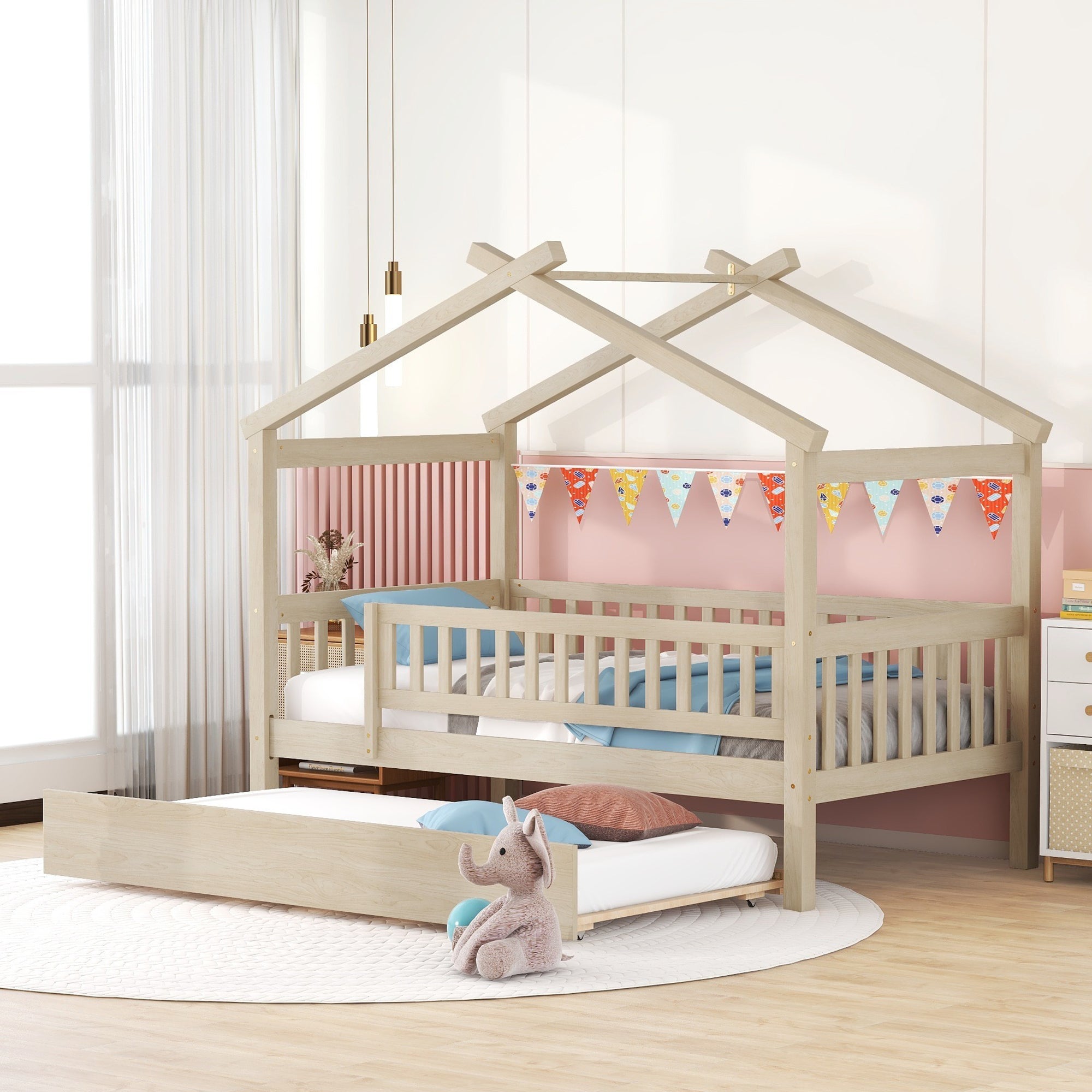 Twin Size Wooden House Bed with Twin Size Trundle, Natural - Atlantic Fine Furniture Melbourne FL