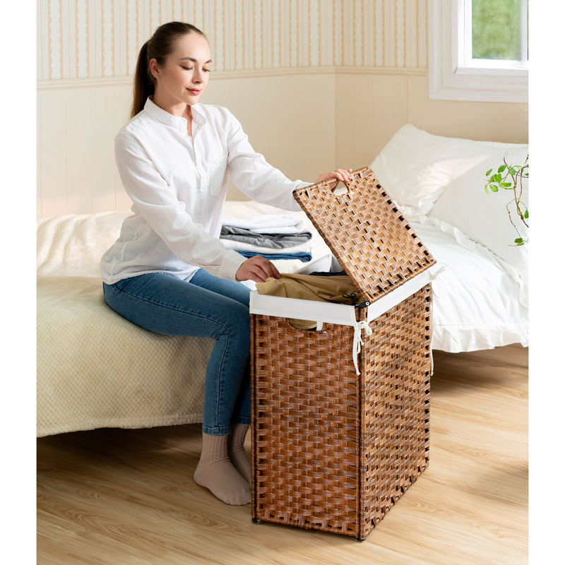 Laundry Hamper With Lid PE Rattan Powder Coating Frame Clothes Hampers With 2 Removable Bags