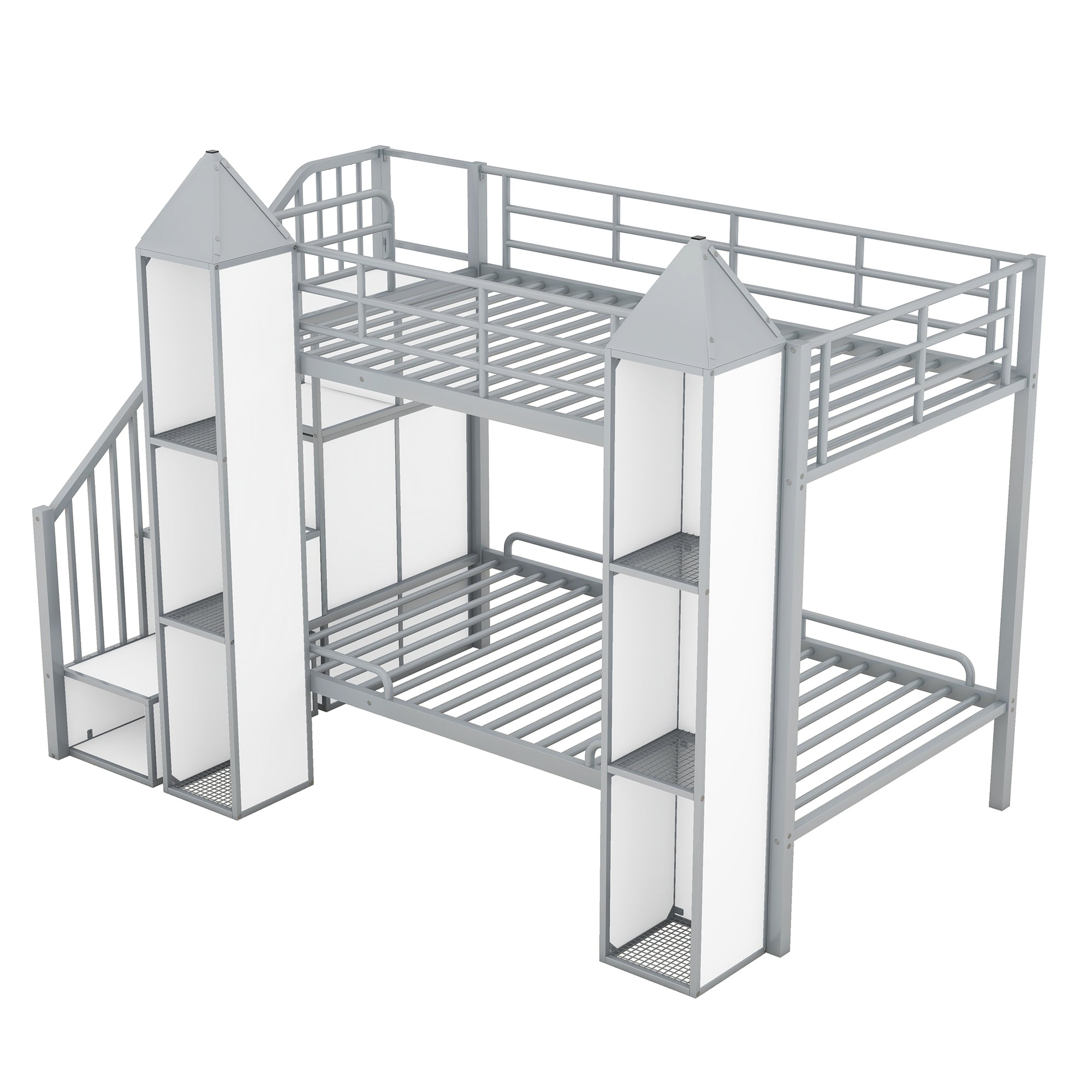 Metal Twin over Twin Castle-shaped Bunk Bed with Wardrobe and Multiple Storage, Gray+White - Atlantic Fine Furniture Melbourne FL