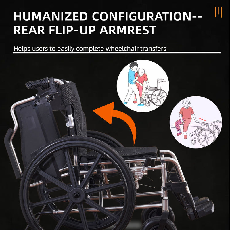Heavy Duty Foldable Manual Wheelchair Double X Force Support With Adjustable Seat Belt Breathable Cushion & Anti Backflip Design 24" Tires For All Terrains 350 Lbs Capacity - Black / Silver