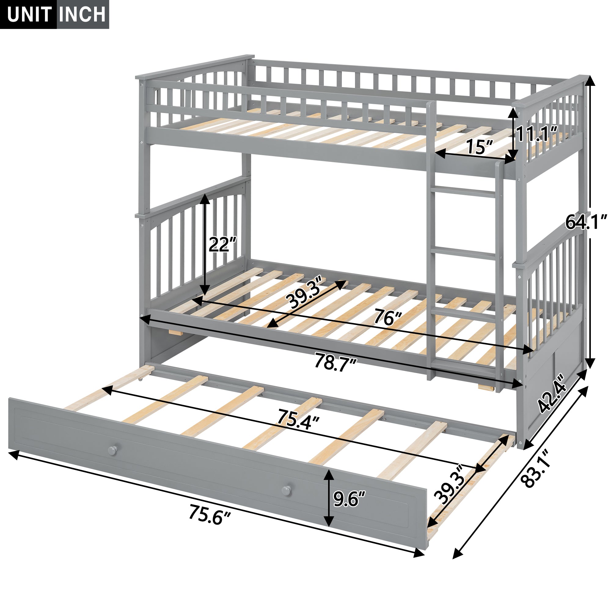 Twin over Twin Bunk Bed with Twin Size Trundle, Convertible Beds, Gray - Atlantic Fine Furniture Melbourne FL