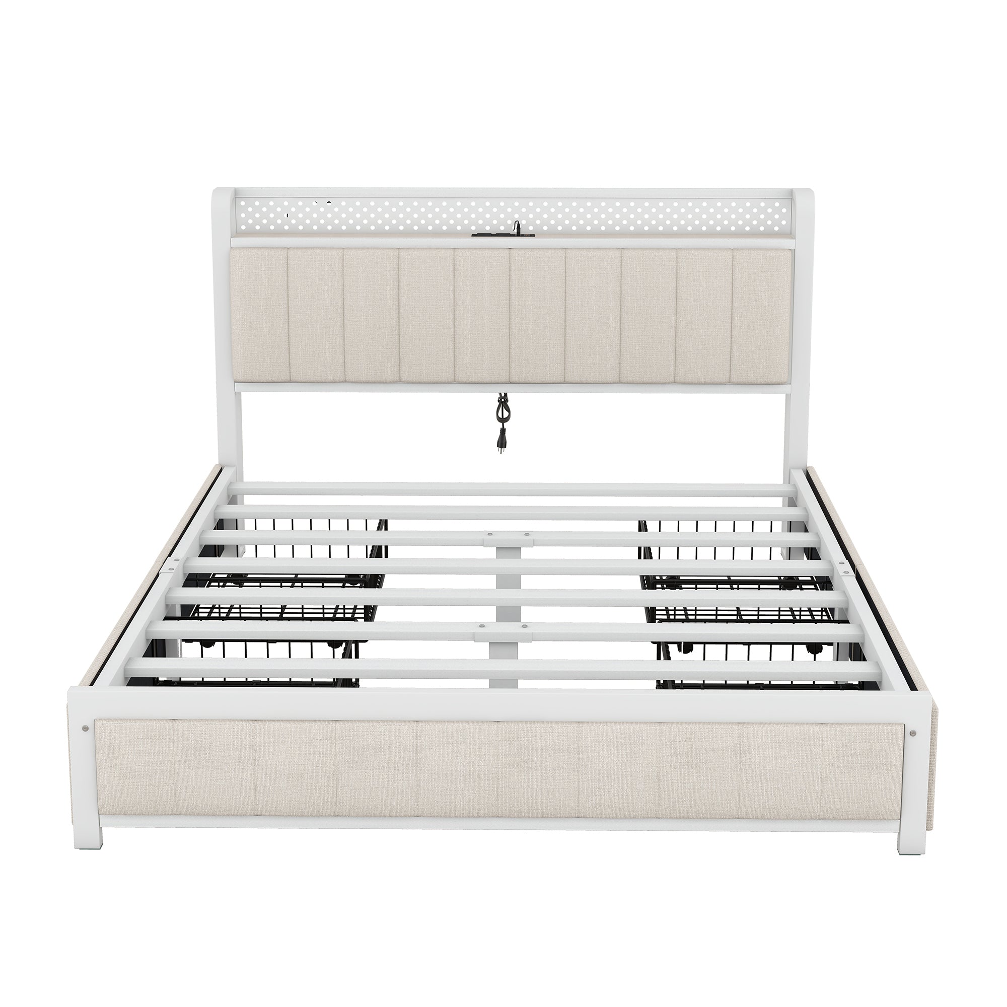 Queen Bed Frame with LED Headboard, Upholstered Bed with 4 Storage Drawers and USB Ports, Beige - Atlantic Fine Furniture Melbourne FL