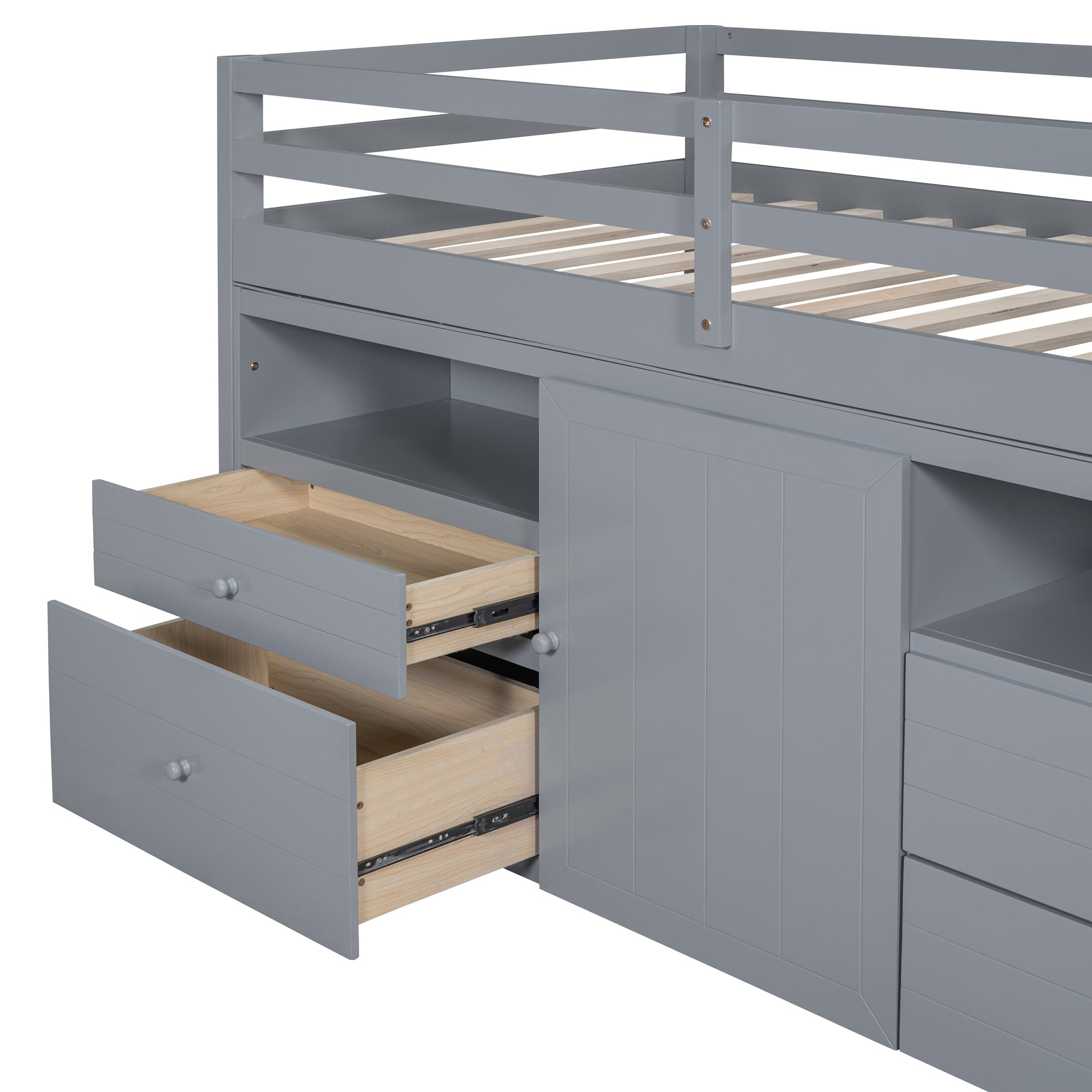 Twin Size Loft Bed with 4 Drawers, Underneath Cabinet and Shelves, Gray - Atlantic Fine Furniture Melbourne FL