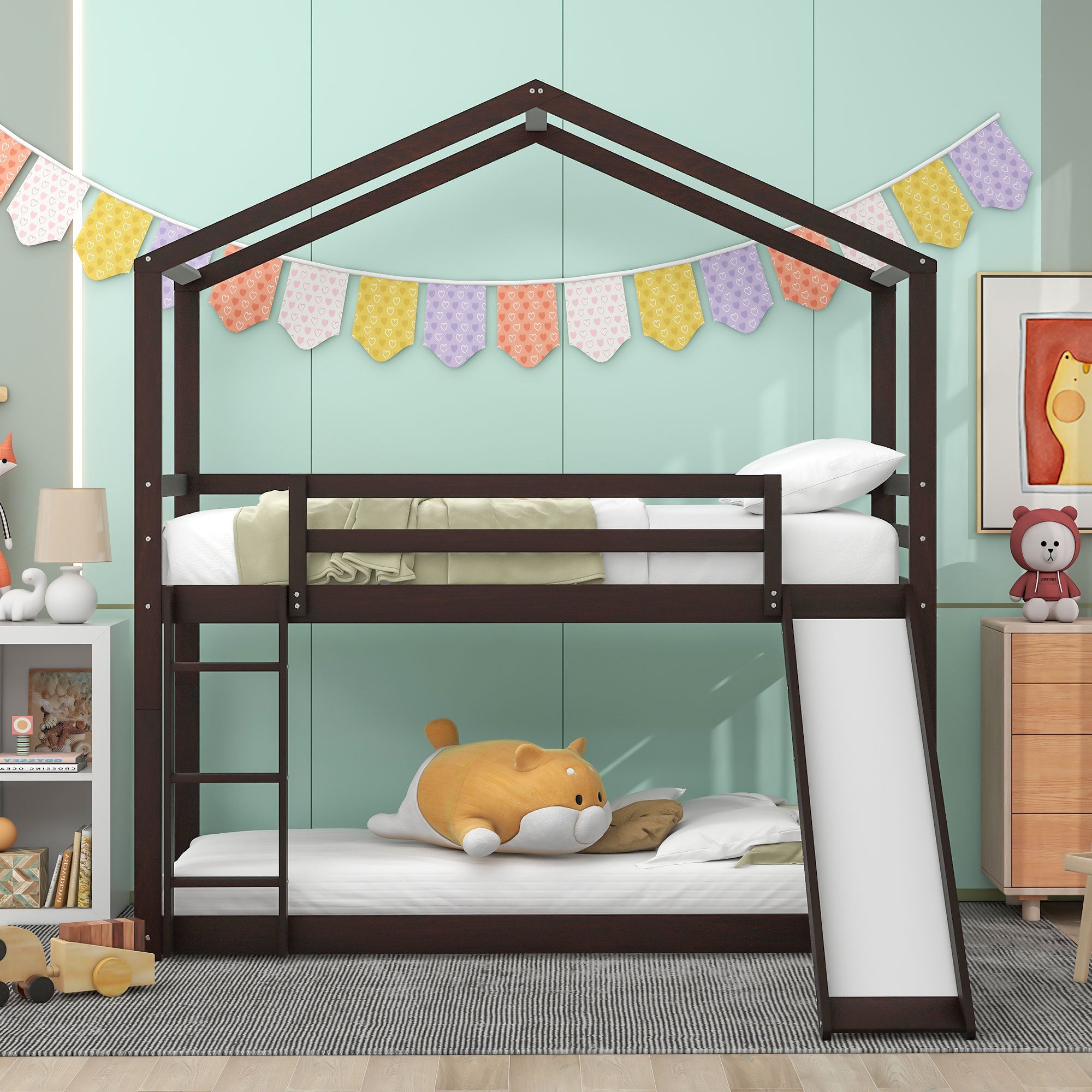 Twin Over Twin Bunk Bed with Roof, Slide and Ladder, Espresso - Atlantic Fine Furniture Melbourne FL