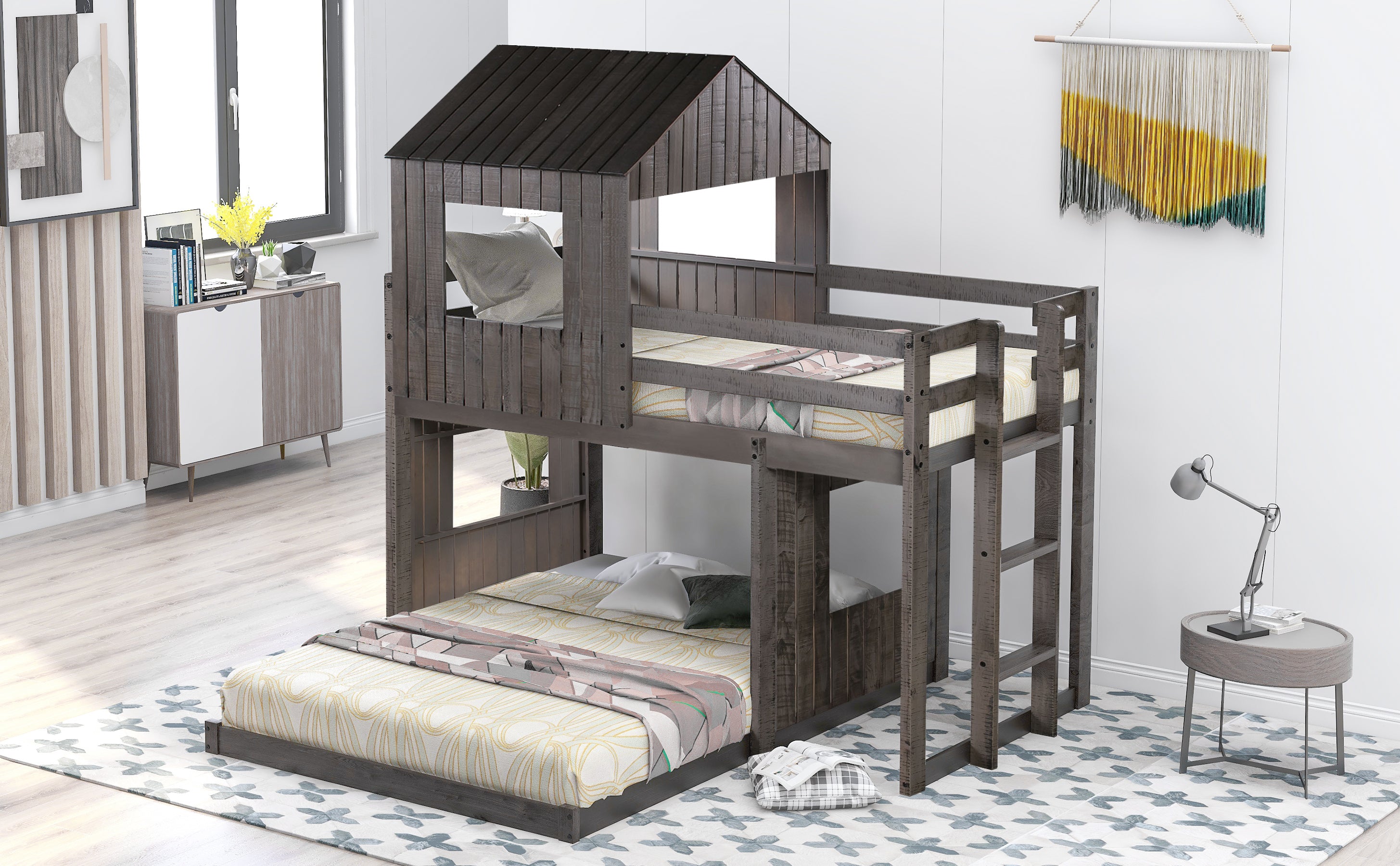 Wooden Twin Over Full Bunk Bed, Loft Bed with Playhouse, Farmhouse, Ladder and Guardrails , Antique Gray( old sku: LT000027AAE ) - Atlantic Fine Furniture Melbourne FL