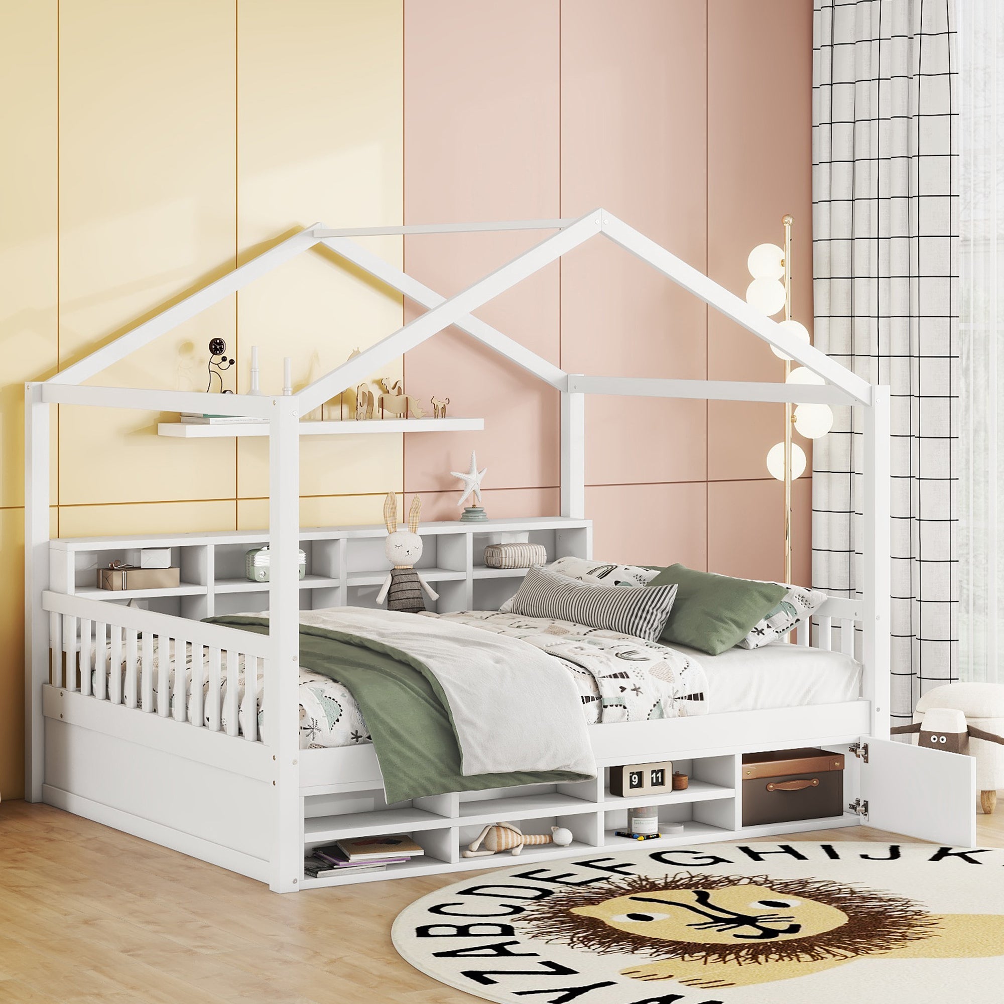 Full Size Wooden House Bed with Shelves and a Mini-cabinet, White - Atlantic Fine Furniture Melbourne FL