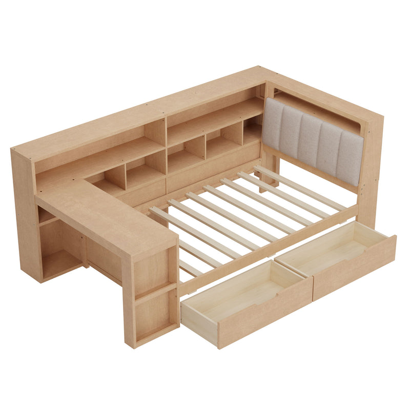 L Shaped Daybed With Desk, Bookcase, Upholstered Headboard, Drawers, And LED Light