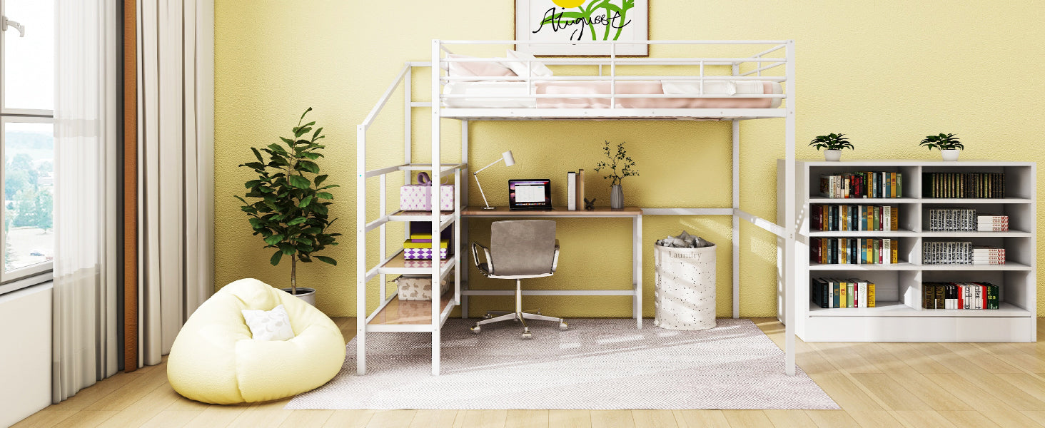 Full Size Metal Loft Bed with Desk and Lateral Storage Ladder, White - Atlantic Fine Furniture Melbourne FL