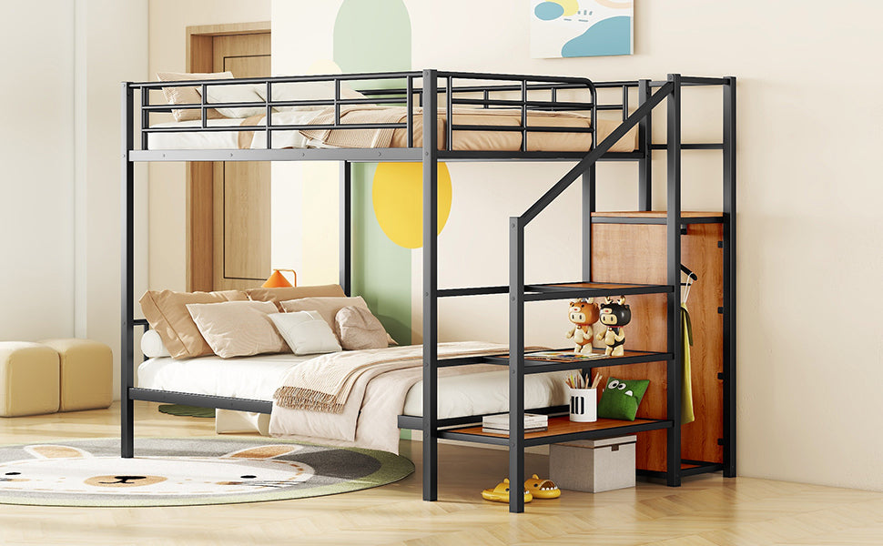 Full Over Full Metal Bunk Bed with Lateral Storage Ladder and Wardrobe, Black - Atlantic Fine Furniture Melbourne FL