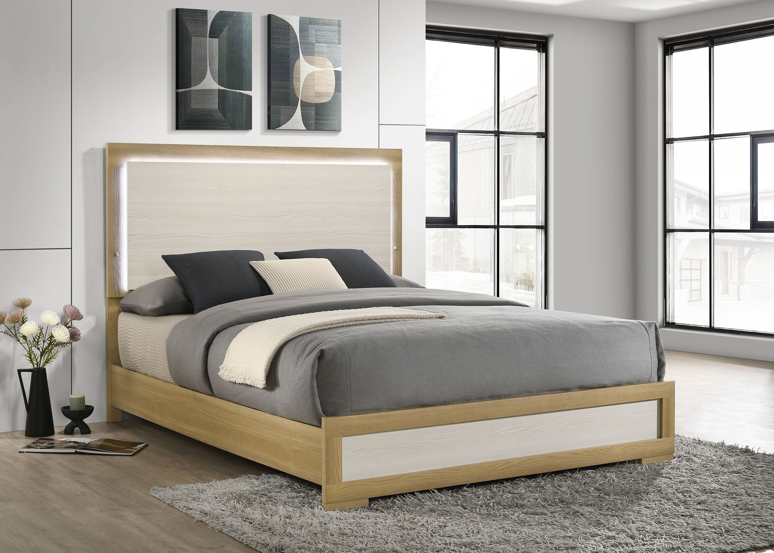 Hyland Wood Queen LED Panel Bed Natural and White — view 2