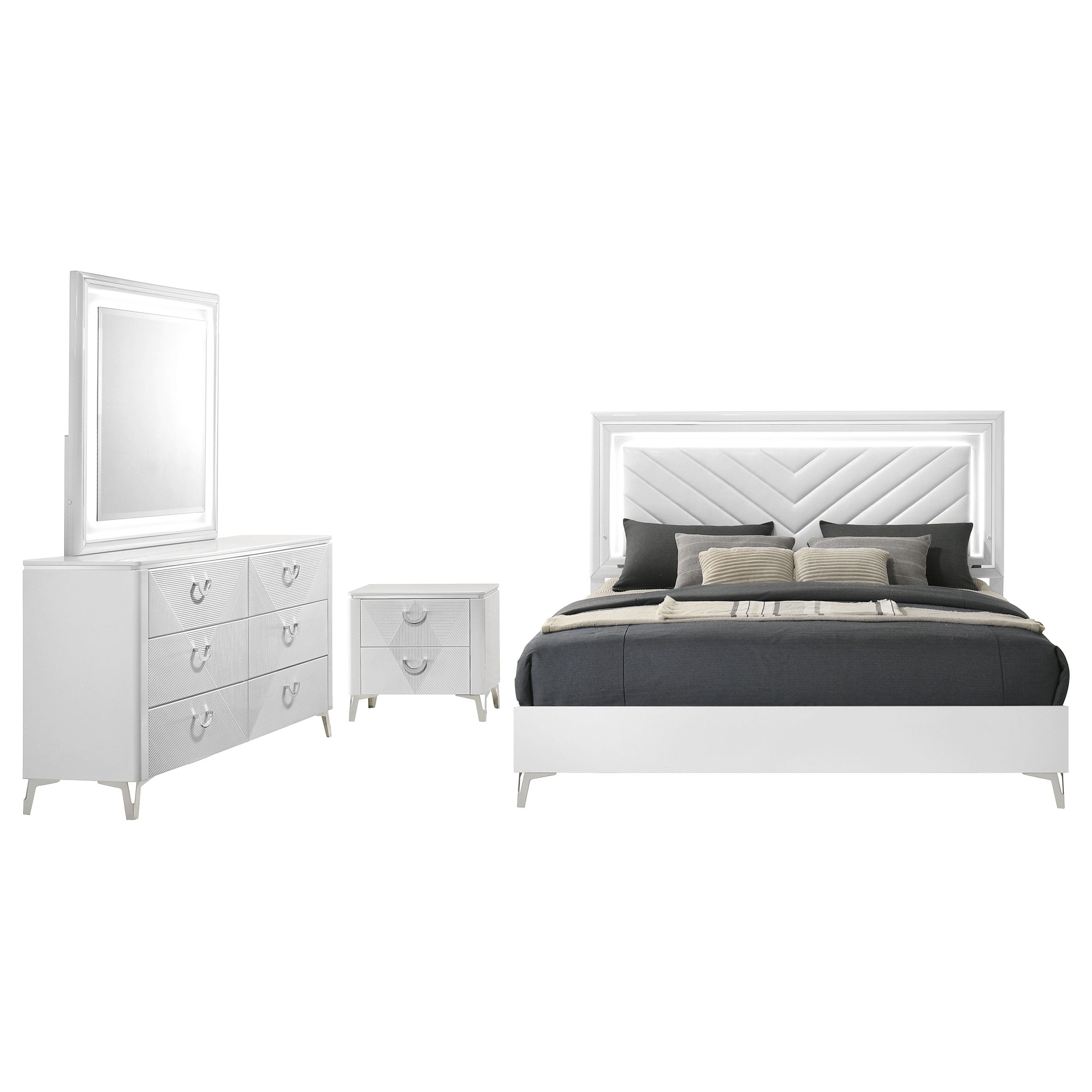 Cassia 4-piece Eastern King LED Bedroom Set White High Gloss — view 2