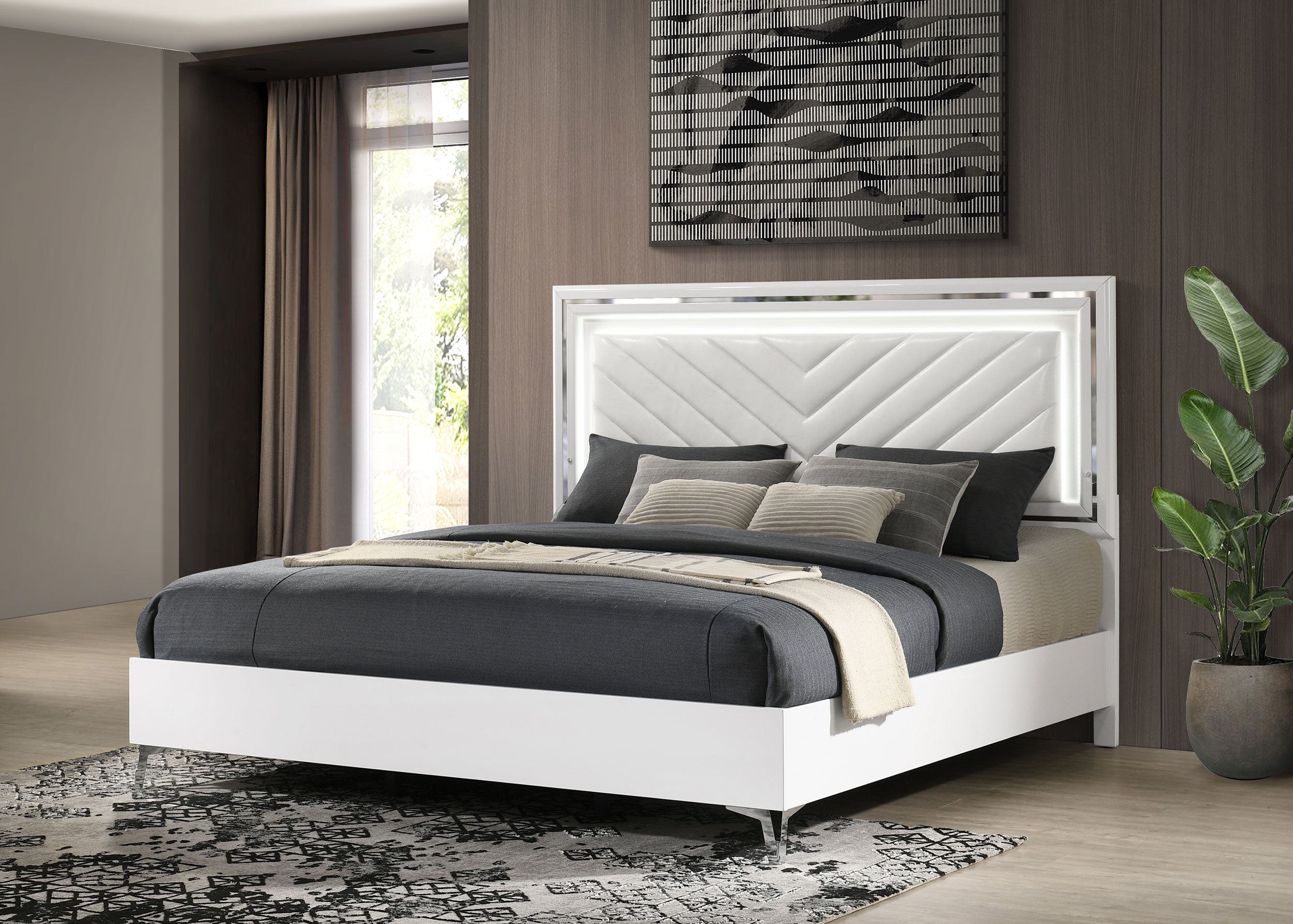 Cassia Eastern King LED Panel Bed White High Gloss — view 2