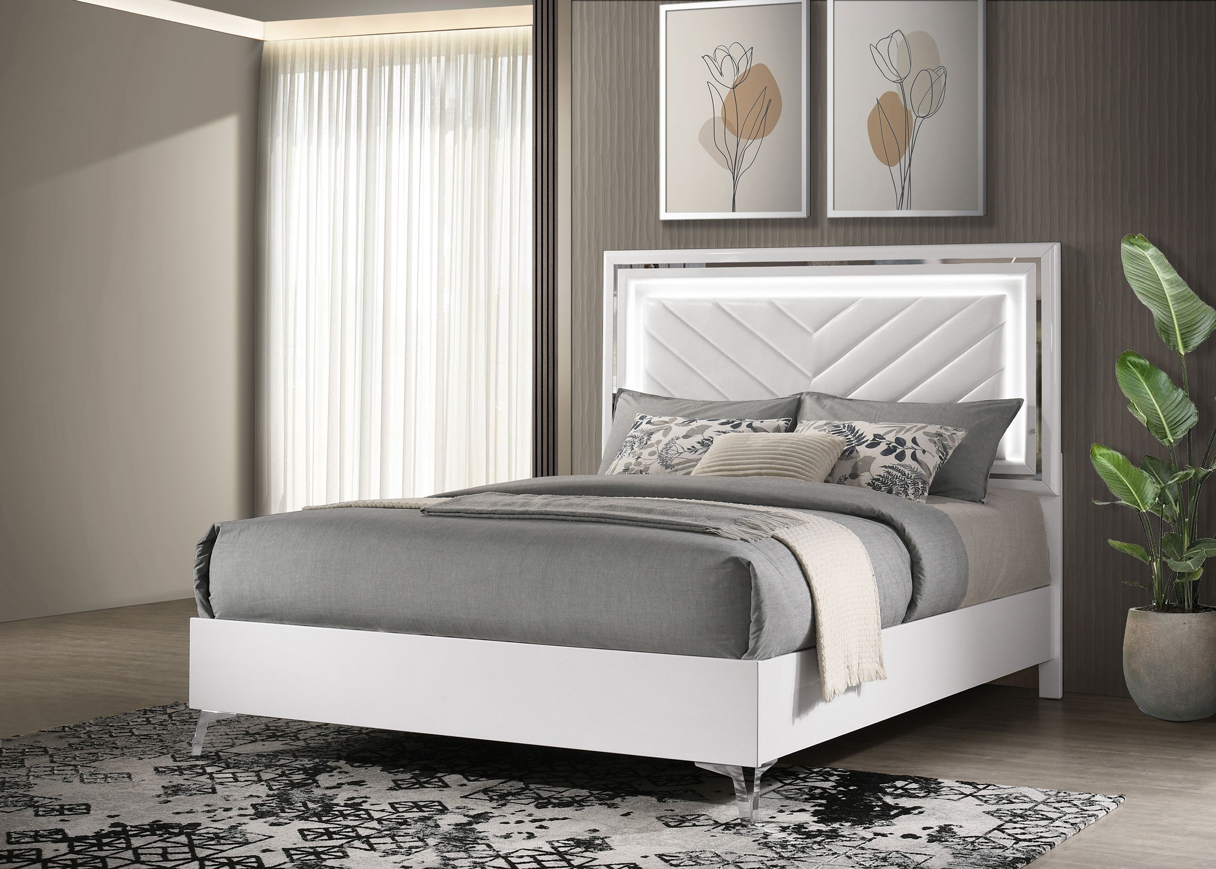 Cassia Queen LED Panel Bed White High Gloss — view 2