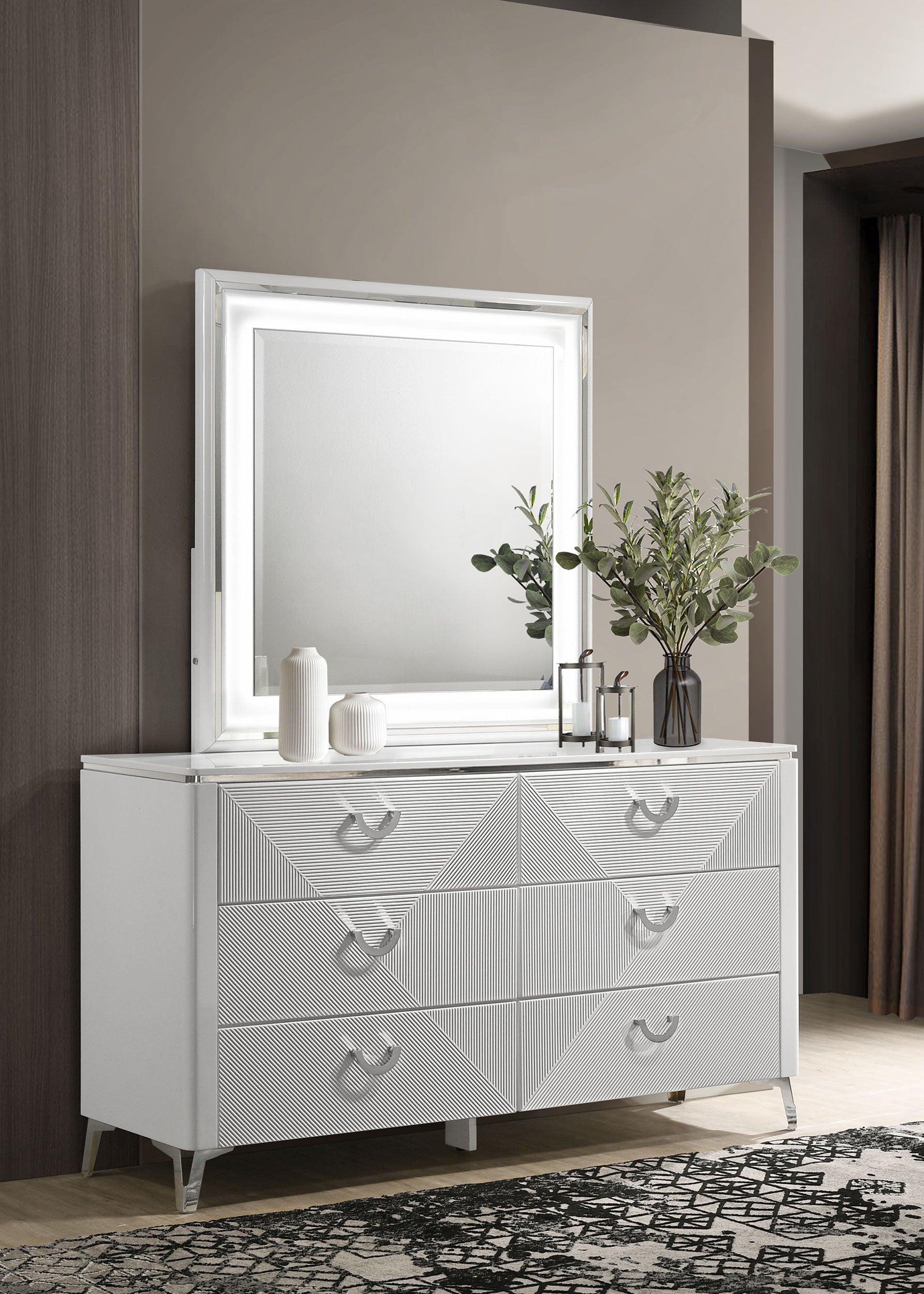 Cassia 6-drawer Dresser Cabinet with Mirror White High Gloss — view 2