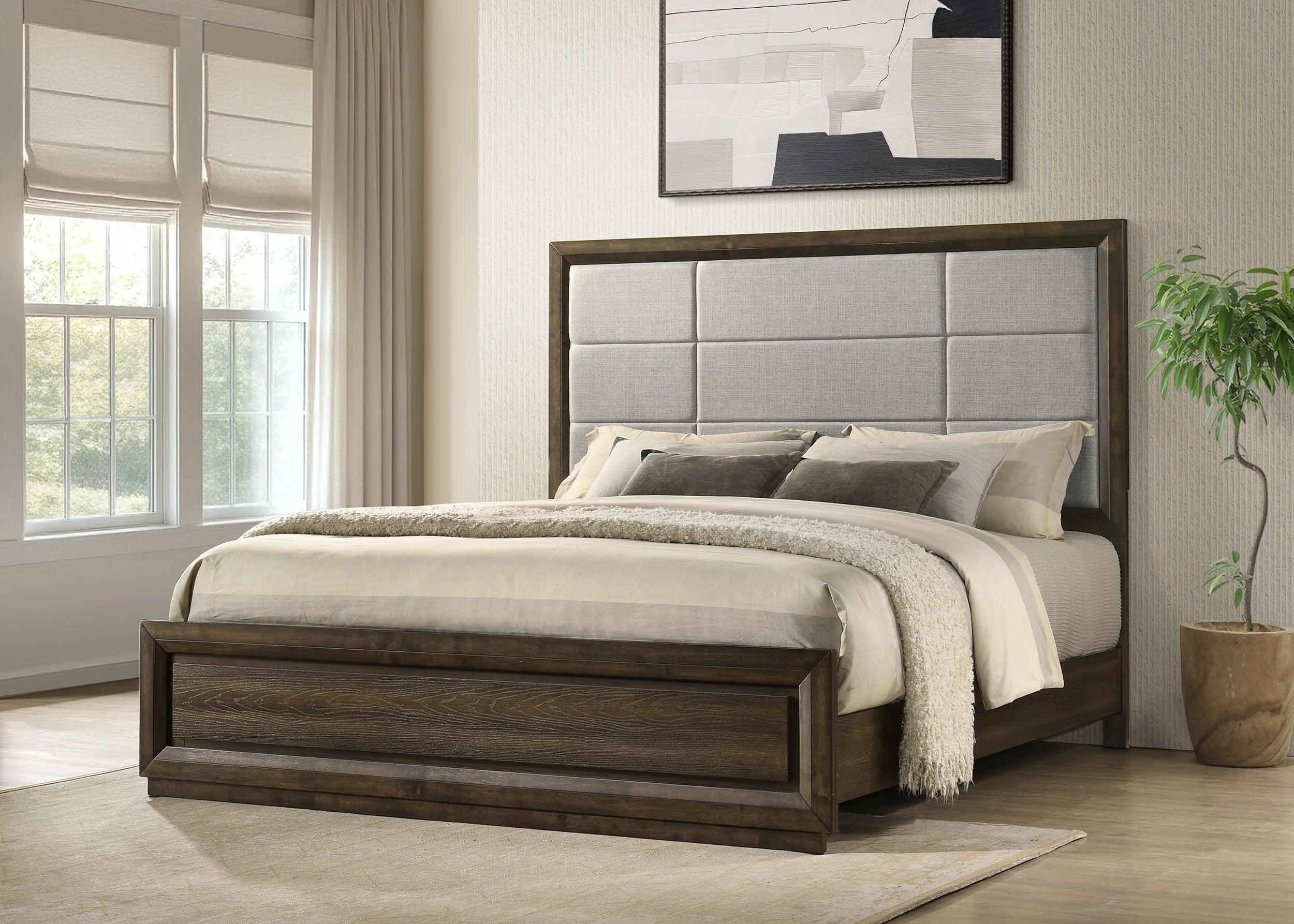 Atlas 63-inch Eastern King Upholstered Panel Bed Grey and Dark Oak — view 2